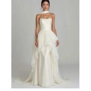 Modern Strapless Gown with Draped Overlay and Tulle Scarf